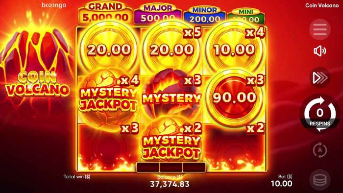 Coin Volcano 3x3 reels with sticky coin symbols and jackpot panel